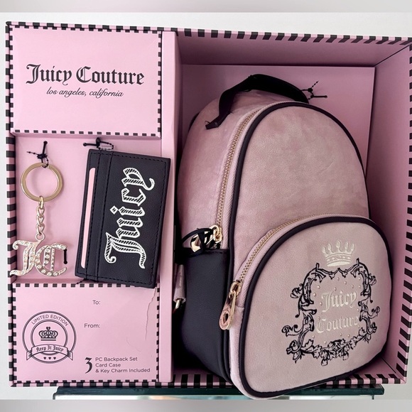 Juicy Couture Handbags - - Juicy Couture mini limited edition Pink & Black leather 3 piece Backpack…